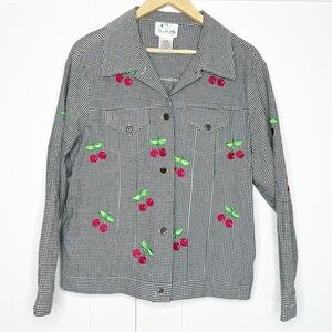 Quacker Factory jean style jacket large black white gingham cherry embroidered